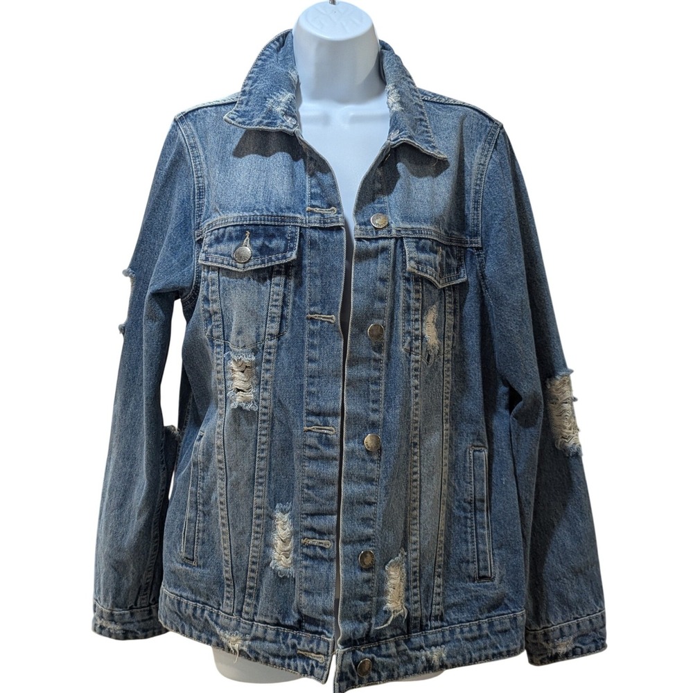 American Bazi Small Womens Distressed Denim Jacket Holes Frayed Grunge Moto
